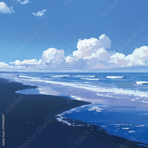 A serene coastal landscape featuring the gentle ebb and flow of waves on a dark sandy beach under a bright blue sky with fluffy white clouds