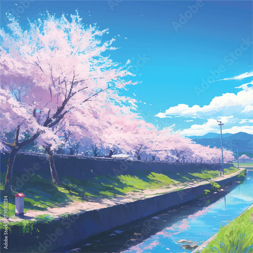 Scenic riverside path lined with blooming cherry blossom trees under a clear blue sky with fluffy clouds, evoking a sense of springtime tranquility and natural beauty