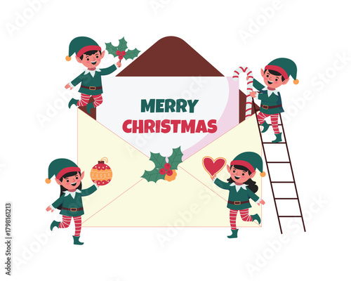 Flat Christmas illustration featuring cheerful elves decorating a festive holiday envelope with ornaments candy canes and holly creating a joyful cute scene perfect for seasonal designs and greetings 