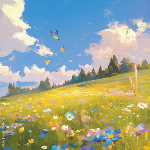 A vibrant illustration showcasing a tranquil meadow, alive with colorful wildflowers and butterflies under a clear blue sky, evoking a serene and idyllic natural landscape