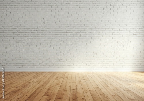 Empty modern room interior design element showing a bright whitewashed exposed brick surface and warm, natural timber plank flooring, interior, texture, design