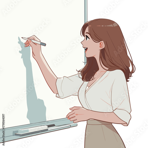 Smiling teacher writing on classroom board