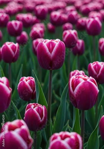 Vibrant purple tulip blossoms blooming in a sunny spring garden field, perfect floral backdrop for seasonal themes and fresh designs, growth, decoration, freshness