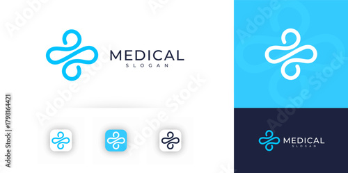 Medical Cross Logo Clinic Hospital of Health Therapy, Science Neural Tech Label Line Icon, Biotech Biohacking Blue Plus Symbol Logotype, AI Medicine Logos Design. Doctor Emblem. Vector illustration