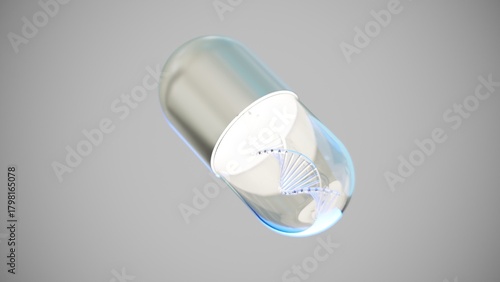 A pill with a DNA spiral inside, modern medicines, 3d concept, benefit or harm