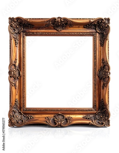 Ornate, antique wooden frame with blank white space, isolated on a white surface