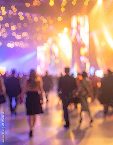 Blurry crowd walking through a large, brightly lit hall during a festive event