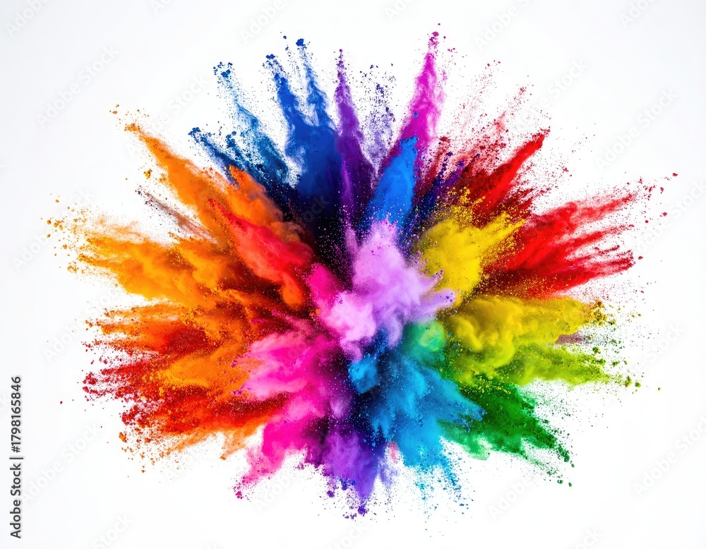 Fototapeta premium A vibrant explosion of multicolored powder bursts outward on a white background