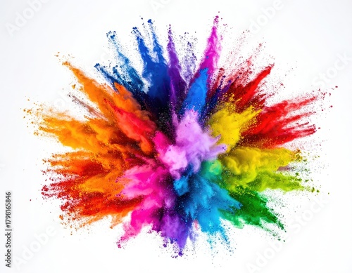 A vibrant explosion of multicolored powder bursts outward on a white background