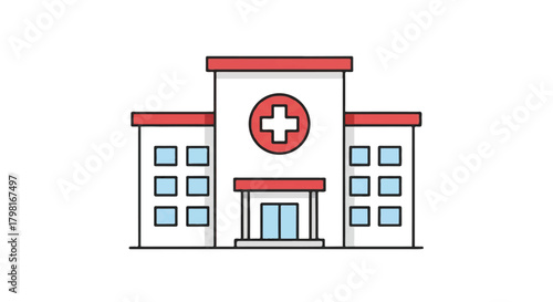 Illustration of a hospital building with medical emblem and entrance, representing healthcare infrastructure and care services.