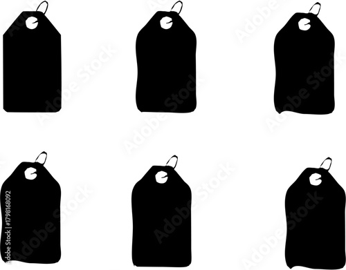 Six black price tags or labels with a hole and loop at the top, arranged in two rows of three on a white background