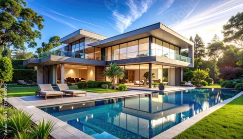 Wallpaper Mural Contemporary villa with expansive glass walls, a swimming pool, and lush lawn Torontodigital.ca