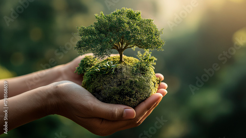 Symbolic image of human connection with nature, sustainability and environmental care. Represents eco harmony and responsibility for the planet.