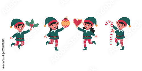 Flat Christmas illustration of cute cheerful elves holding holly ornaments hearts and candy canes creating a fun festive scene perfect for holiday themes seasonal projects and joyful celebration desig