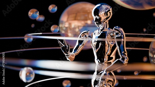 Retrofuturism-style chrome robot, fantastic abstract background
