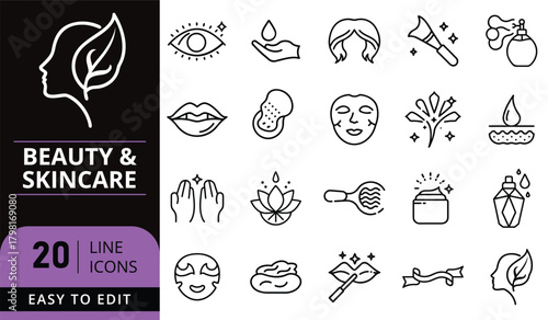 Beauty and skincare cosmetic product line icons set illustration
