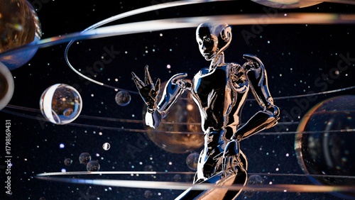 Retrofuturism-style chrome robot against abstract background, vintage sci-fi aesthetic.