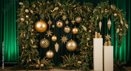 Elegant Christmas Concept Featuring Gold Accessories And Minimal Empty Podiums On Green