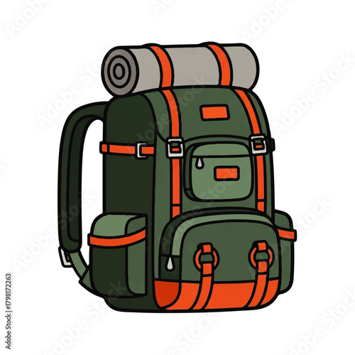 Green hiking backpack with rolled sleeping mat and multiple pockets for travel and camping adventures.