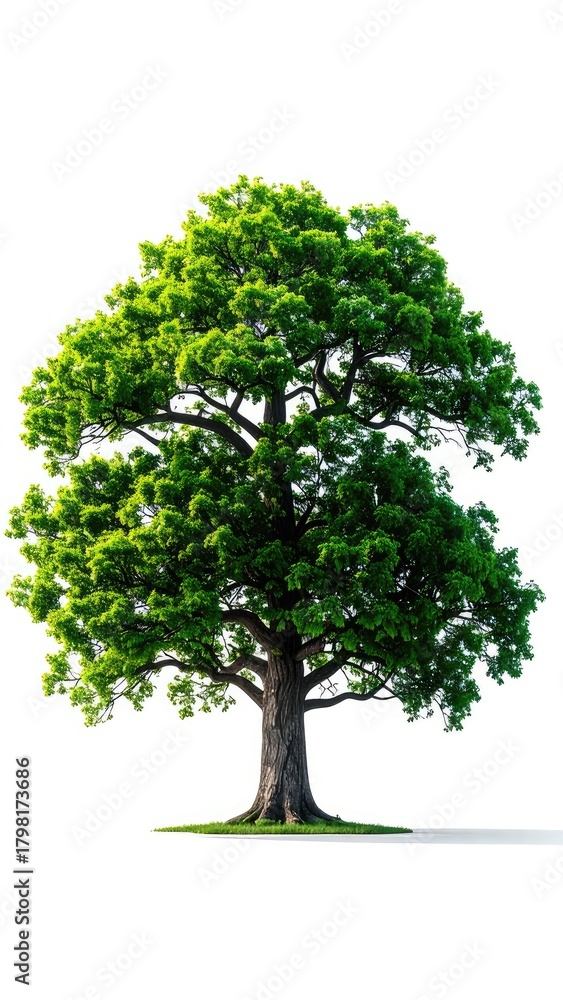 Obraz premium A majestic oak tree with a full canopy of vibrant green leaves on white