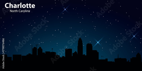 A stylized nighttime silhouette of Charlotte with black high heels against a dark blue starry sky with bright shining stars, creating a magical cosmic atmosphere.