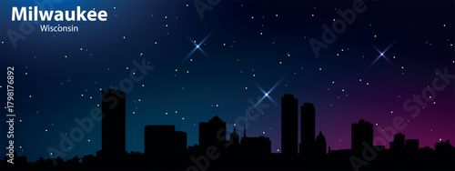 Minimalist vector illustration of Milwaukee's nighttime skyline against a starry sky with a gradient from dark blue to purple. The sky is dotted with stars of varying brightness, with rays of light.