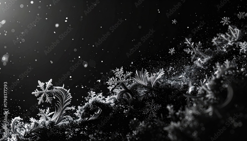 Fototapeta premium Monochromatic frost crystals and snowflakes glowing on a dark background