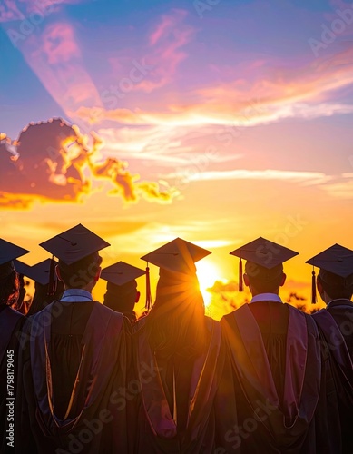 Graduates in caps and gowns facing a vibrant, colorful sunset