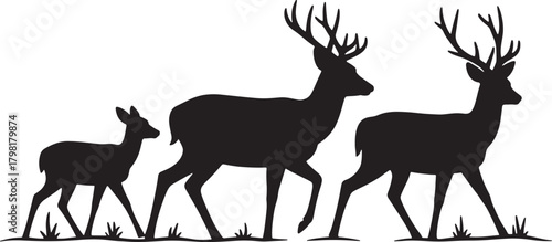 Three black deer silhouettes walking across a white background with grass vector