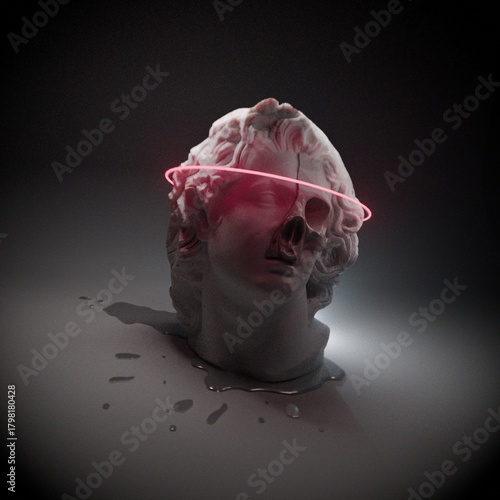 Digital recreation of antique Alexander sculpture with skull fragments integrated into the face design and highlighted by an overhead neon halo illumination.
