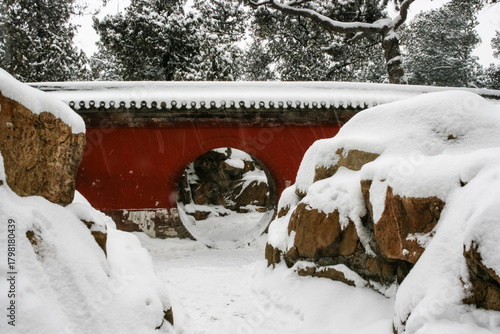 Snowy Chinese Temple Landscape - Zen Atmosphere with Red Bridge
