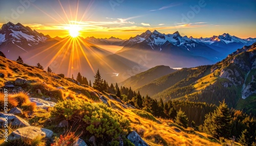 Wallpaper Mural Golden sunbeams crest over a majestic, snow-capped mountain range Torontodigital.ca