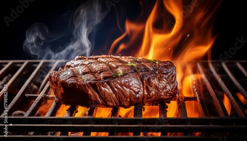 grilled meat on barbecue with visible flames and sear marks