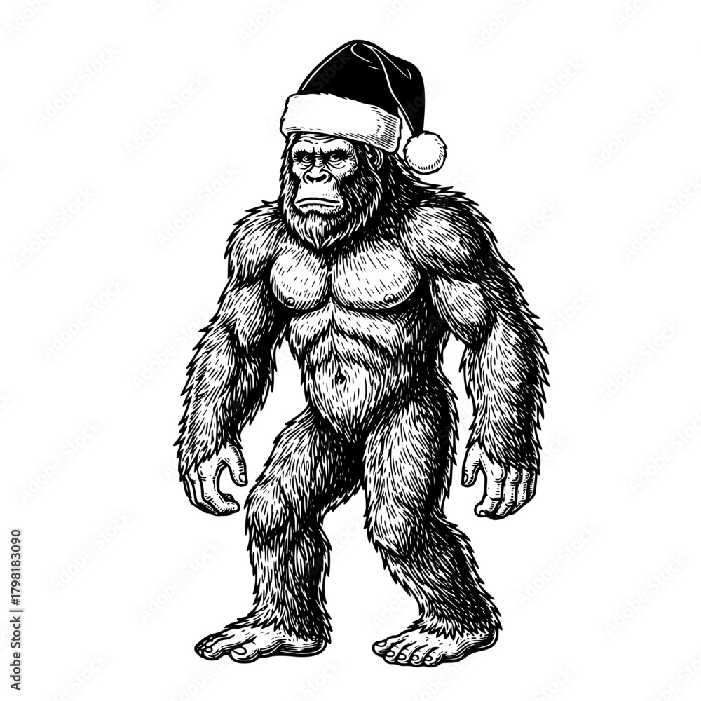Fototapeta premium A holiday-themed depiction of a formidable bigfoot, adorned with a festive hat, stands poised in a captivating black-and-white graphic, perfect for whimsical illustrations.