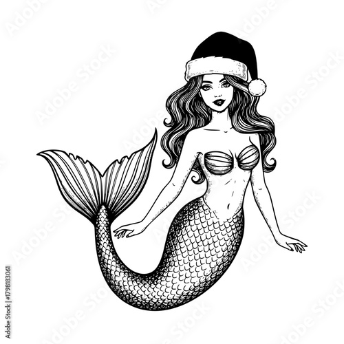 A whimsical mermaid donning a festive holiday hat, her scales and flowing hair beautifully detailed in a charming illustration. 
