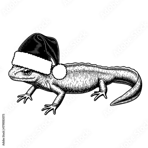 A charming lizard sports a festive santa hat. It's a charming Christmas image of a reptile in a cap. 