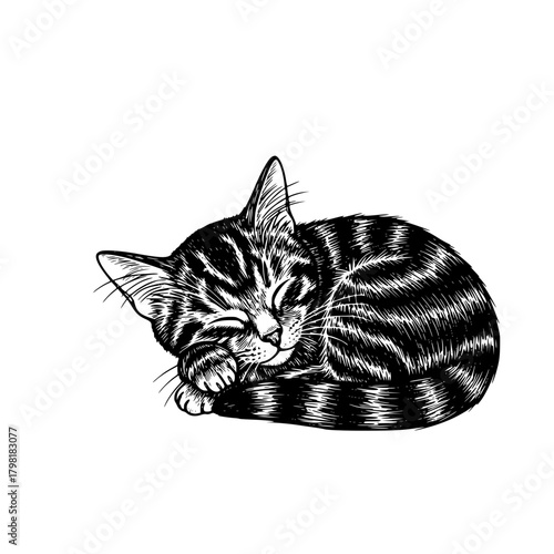 A serene sketch of a cute, sleeping kitten, its soft form curled up in peaceful slumber, evokes feelings of warmth, comfort, and tranquility. 