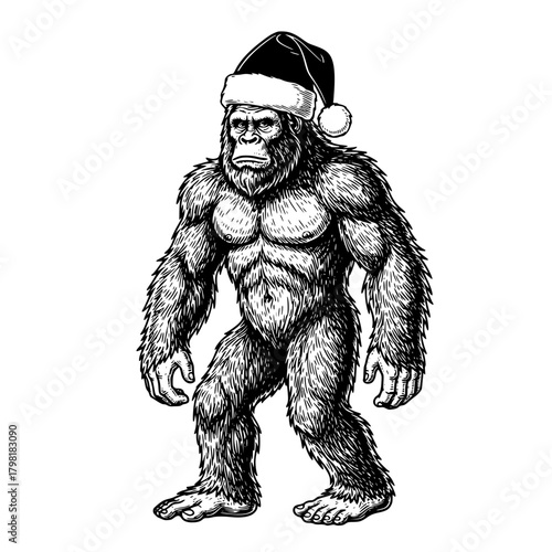 A holiday-themed depiction of a formidable bigfoot, adorned with a festive hat, stands poised in a captivating black-and-white graphic, perfect for whimsical illustrations.