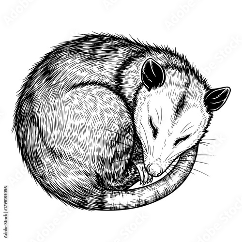 A detailed illustration captures a peaceful opossum curled up in a serene, intimate pose. Its fur is meticulously depicted, evoking a sense of tranquility.