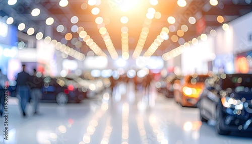 Wallpaper Mural Blurred view of a busy auto show with new vehicles and bright overhead lights Torontodigital.ca