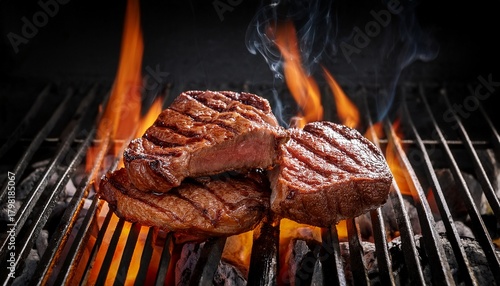 thick meat portions grilling over hot charcoal with flames