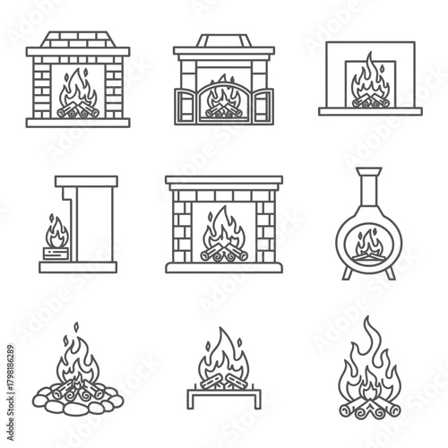 Set of fireplace icons in line art style with warm colors for cozy decor