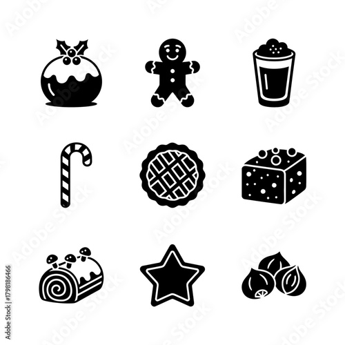 Icon set of holiday treats in minimalist style featuring black colors