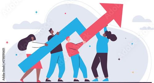 Teamwork Illustration with Upward Arrow Symbolizing Growth