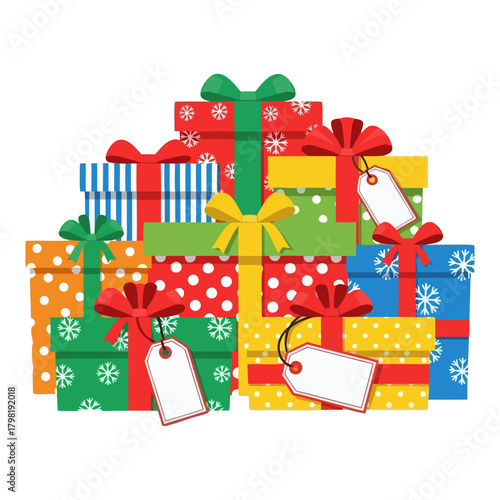 Colorful Christmas presents with name tags stacked together, transparent background, isolated, vector  