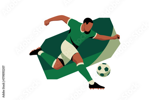 Dynamic Soccer Player in Action with Bold Green Background and Fluid Motion