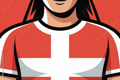 Cheerful Fan Wearing Swiss Flag T-Shirt with Bold Red Background Celebrating National Pride