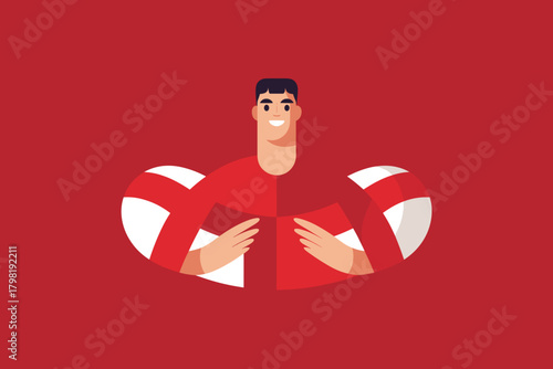 Cheerful Soccer Fan in England Kit Celebrating Team Spirit Against Red Background