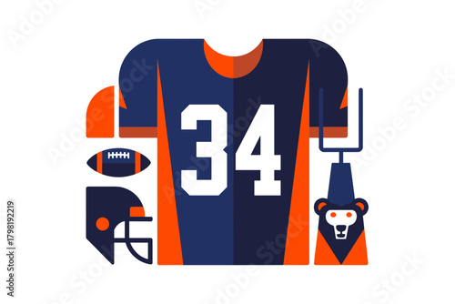Energetic Sports-themed Illustration Featuring Football Jersey, Trophy, and Bear in Vibrant Orange and Blue Palette