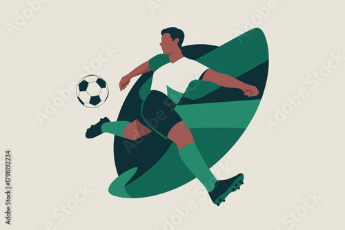 Dynamic Soccer Player in Action with Bold Green Background and Fluid Motion